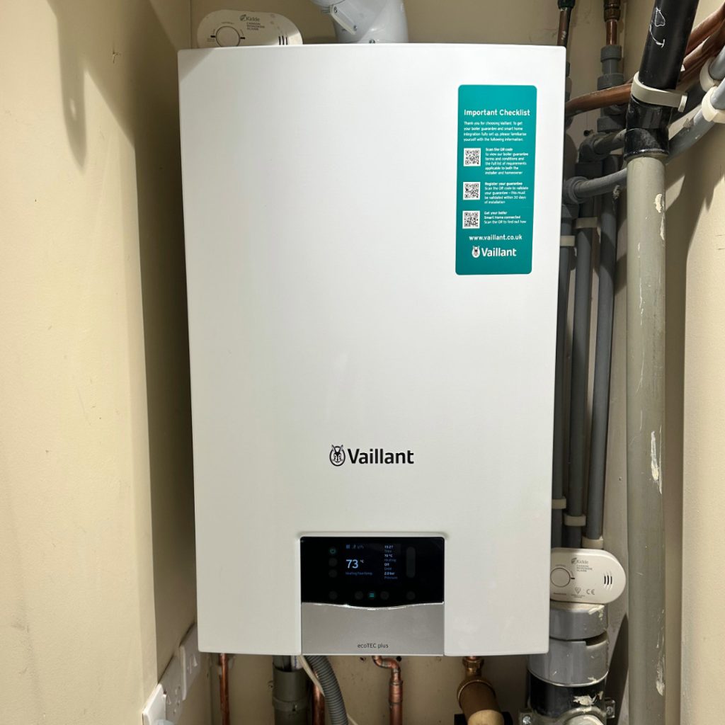 Gas boiler installed in a cupboard by The London Plumbing Company's expert engineers for a landlord in Balham